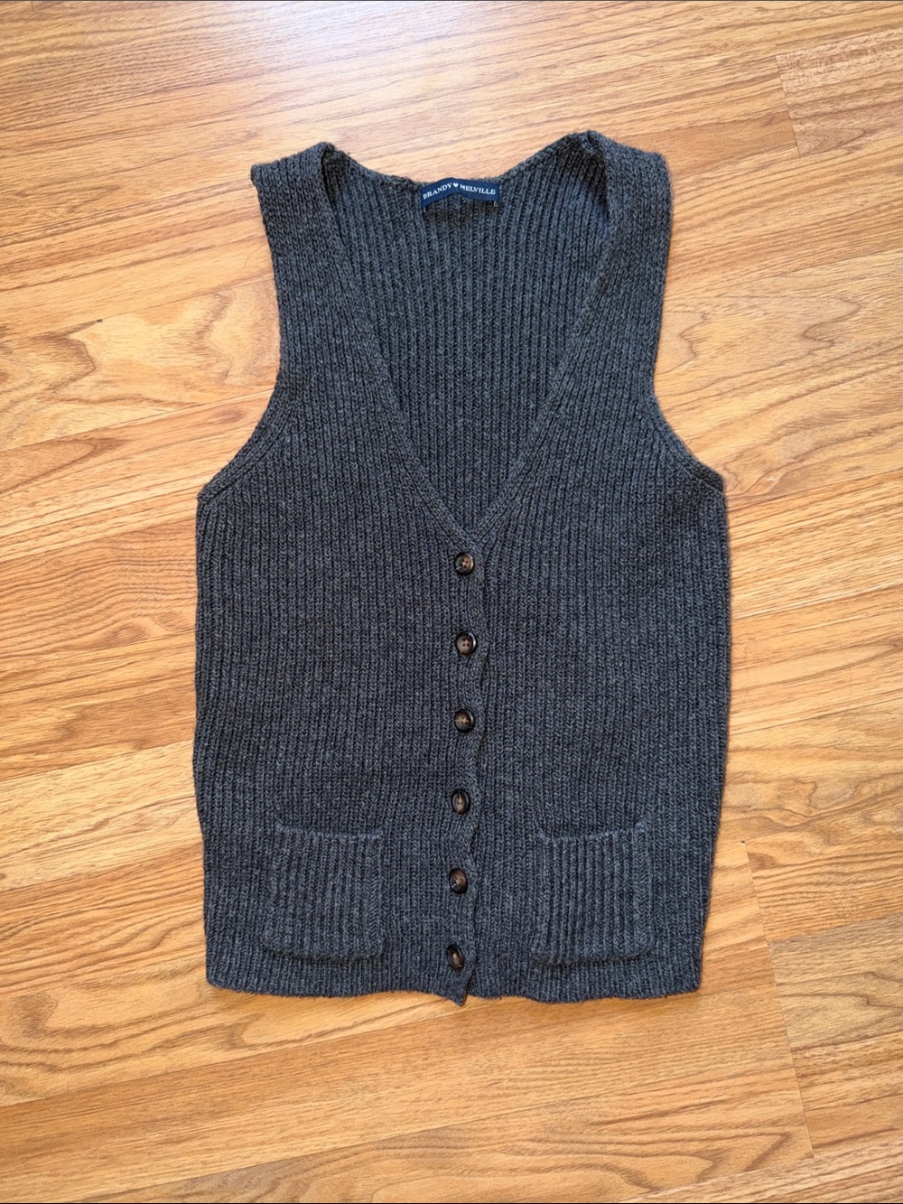 Brandy Melville Charcoal Gray Ribbed V‑Neck Button Vest